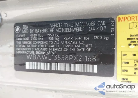 2008 BMW 328I z USA, uszkodzony, nr VIN WBAWL13558PX21168